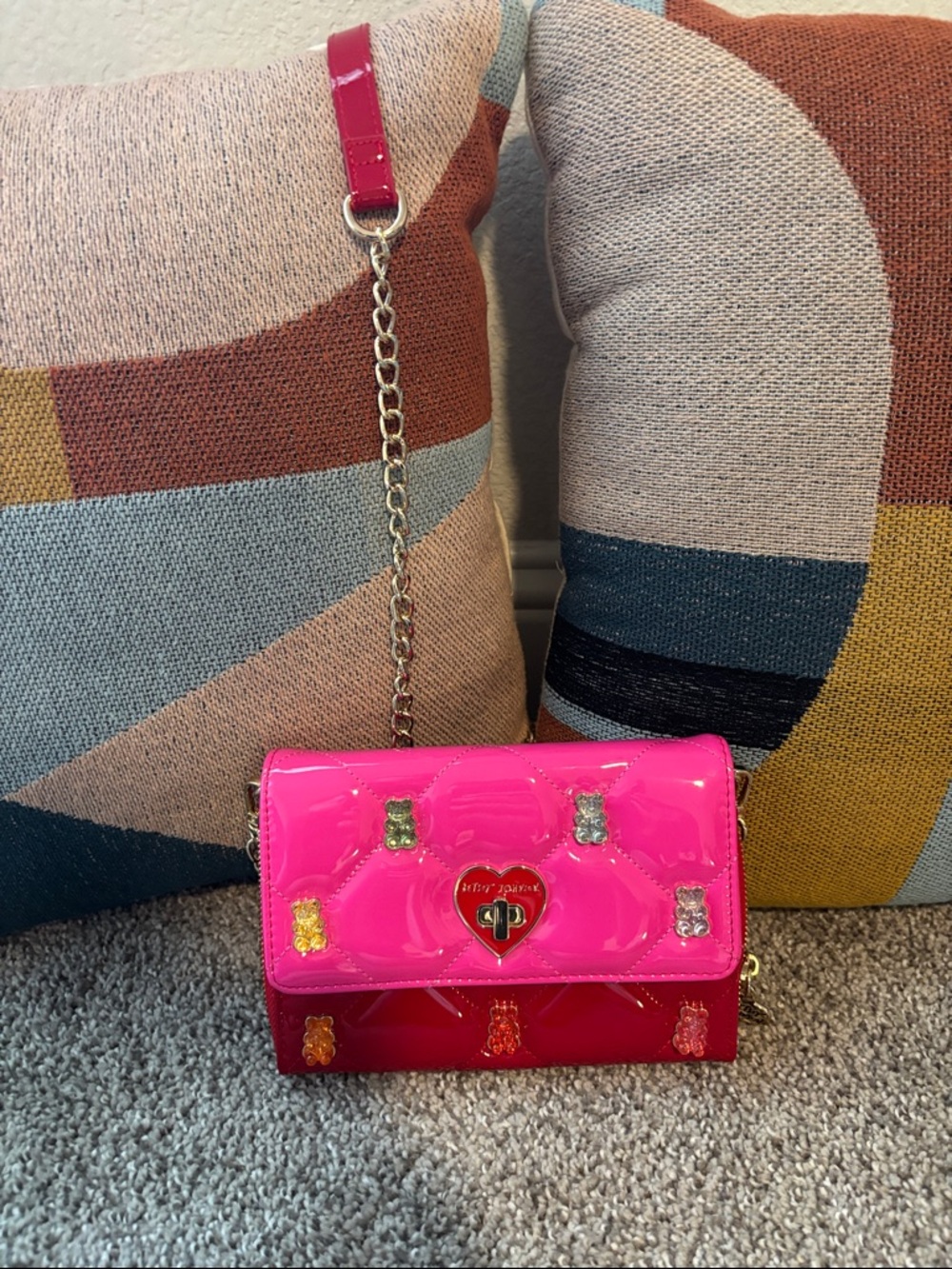 Betsey Johnson Hot Pink Patent Crossbody with Gummy Bear Embellishments